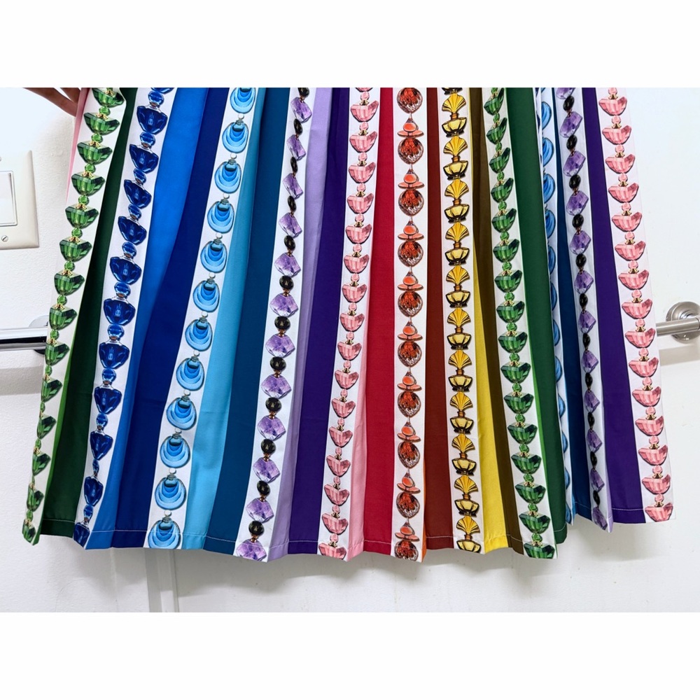 Mary Katrantzou Nyx Perfume Bottle Print Rainbow Stripe Pleated Maxi Skirt US 6 - Picture 15 of 16